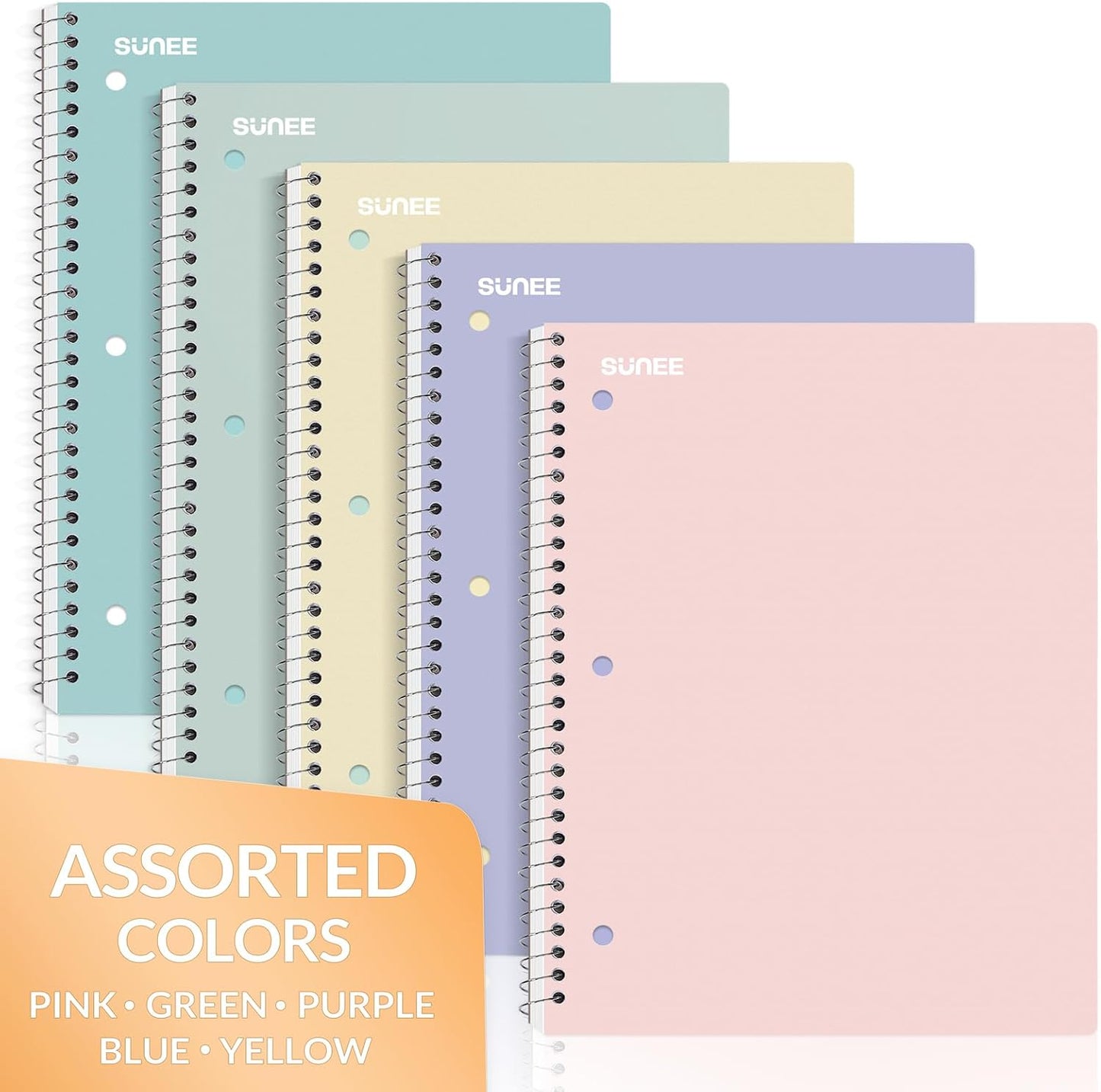 SUNEE Spiral Notebooks, 1-Subject, 5 Pack, College Ruled Paper, 8" x 10-1/2", 70 Sheets per Notebook,3-Hole Punched Paper, Pink,Purple, Blue, Green, Yellow Spiral Lined Notebooks for School,Work