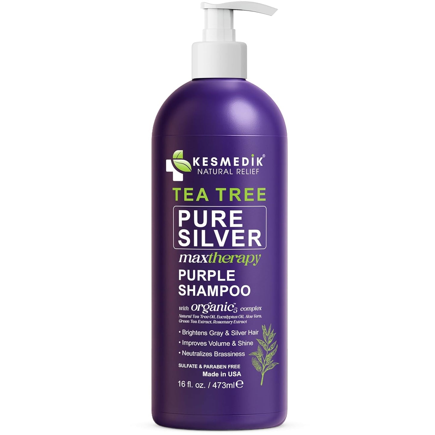 KESMEDIK Tea Tree Purple Shampoo with Rosemary & Aloe, Professional Anti Brass Toner, Removes Yellow Tones for Gray, Bleached, White & Blonde Hair, Nourishes & Refreshes Scalp, Sulfate-Free, 16 fl oz
