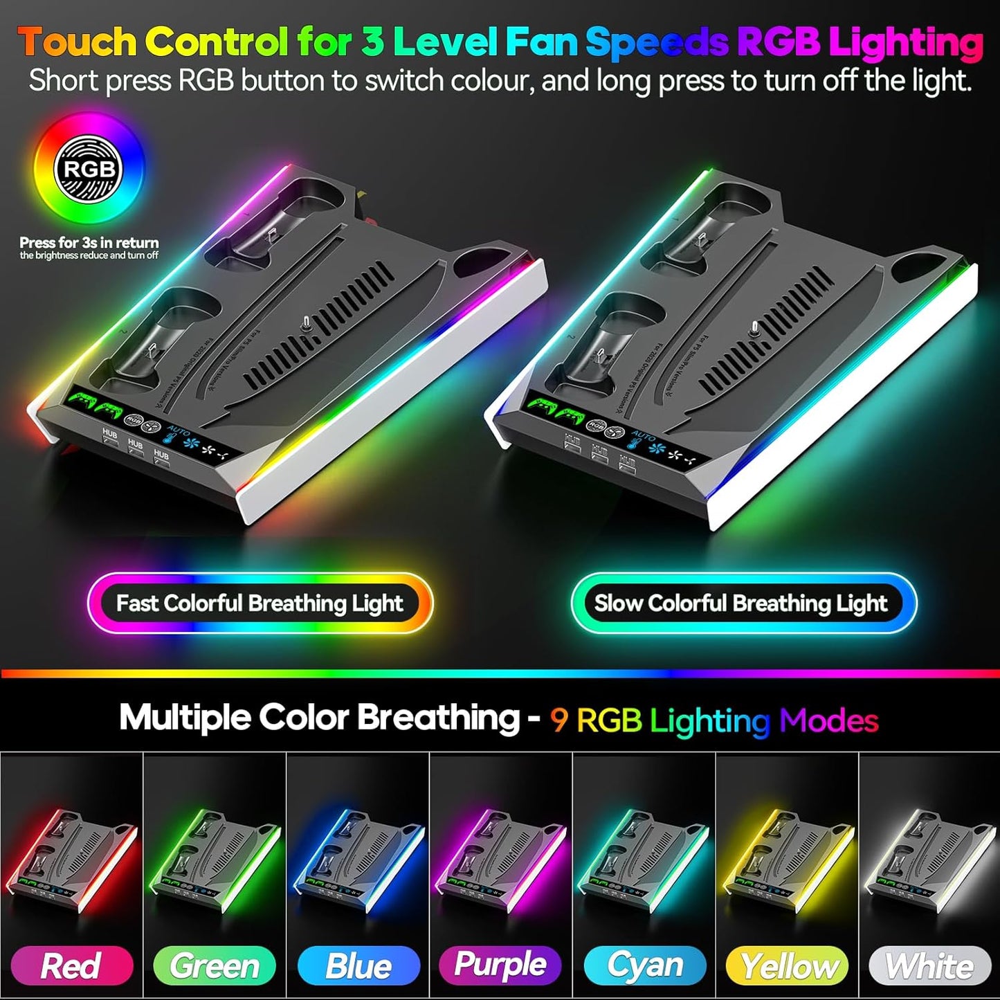PS5/Slim/Pro Stand for Disc & Digital Console, PS5 Cooling & Charging Station with RGB Lights, PS5 Controller Charger Built-in 3 Level & AUTO Adjustable Fan, PS5/Slim/Pro Accessories Comes 3 USB Ports