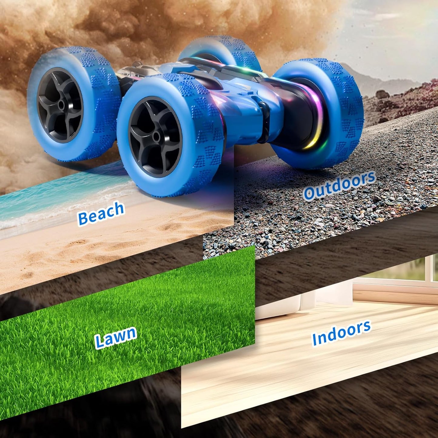 Remote Control Stunt Car 4WD 360° Flip Double‑Sided RC Cars, LED Light Bar, USB‑C Modular Battery, 2.4 GHz Outdoor Beach Toy for Boys 6‑12 Years Old, Birthday & Christmas Kids Gift, Blue
