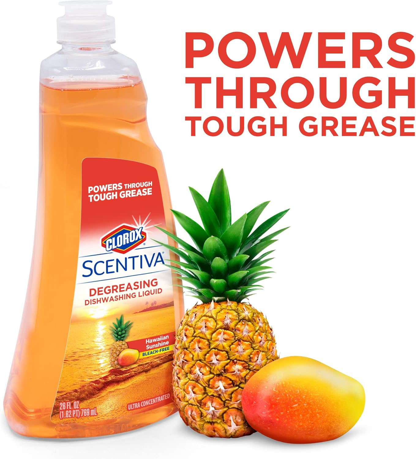 Clorox Scentiva Liquid Dish Soap, Hawaiian Sunshine Scent - Ultra-Concentrated Dishwashing Detergent That Cuts Through Grease and Tackles Tough Messes, Bleach-Free, 26 Fl Oz - 6 Pack