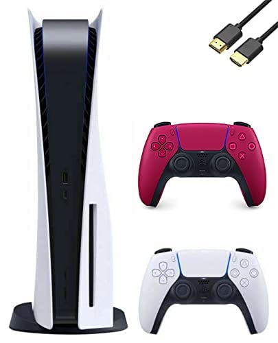 Playstation 5 Disc Version PS5 Console - Additional Red Controller, 4K-TV Gaming, 16GB GDDR6 RAM, 8K Output, WiFi 6. Ultra-High Speed 825GB SSD with U Deal HDMI (Renewed)