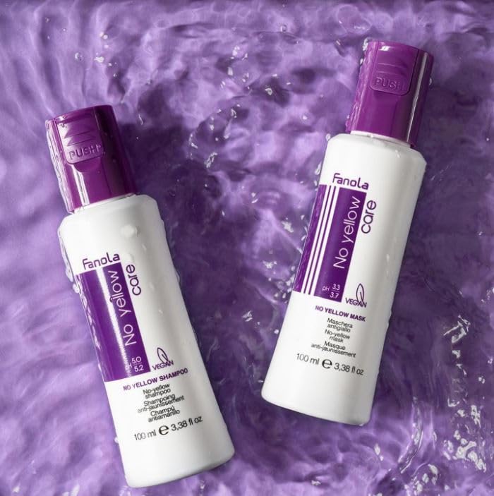 Fanola No Yellow Hair Mask With Purple Violet Pigments To Eliminate Unwanted Yellow Tones & Brassiness In Platinum, Light Blonde, Gray, Bleached, or Highlighted Hair - 3.38oz