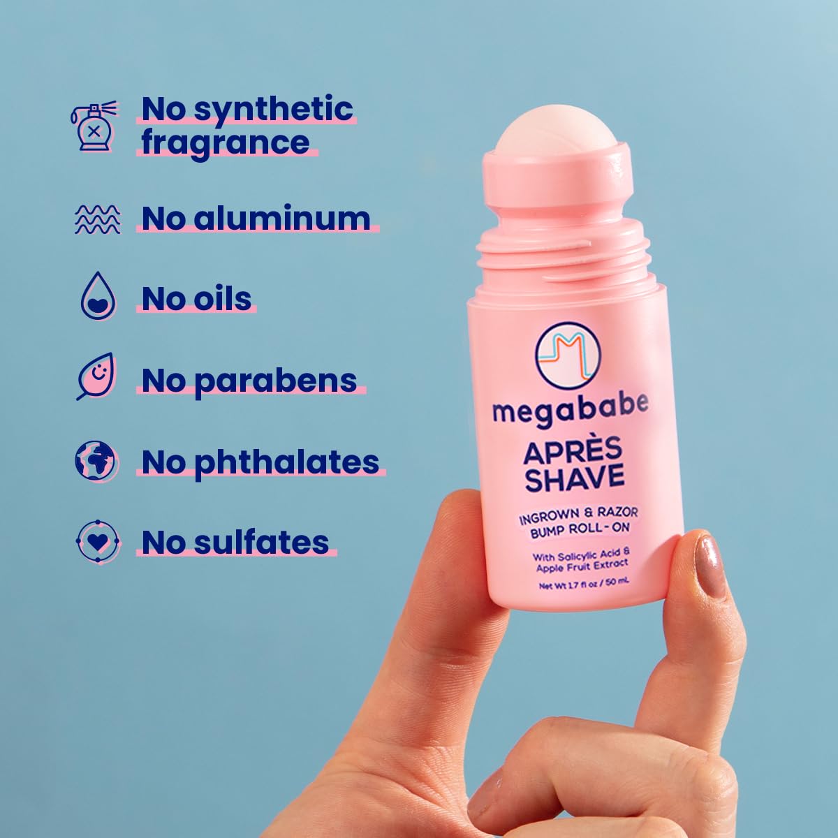 Megababe Mini Après Shave (1.7 fl oz) | Travel size post-Shave & Waxing | Vacation Essential | Ingrown Hair & Razor Bump Roll-On Treatment for Women | Bikini, Armpits & Legs