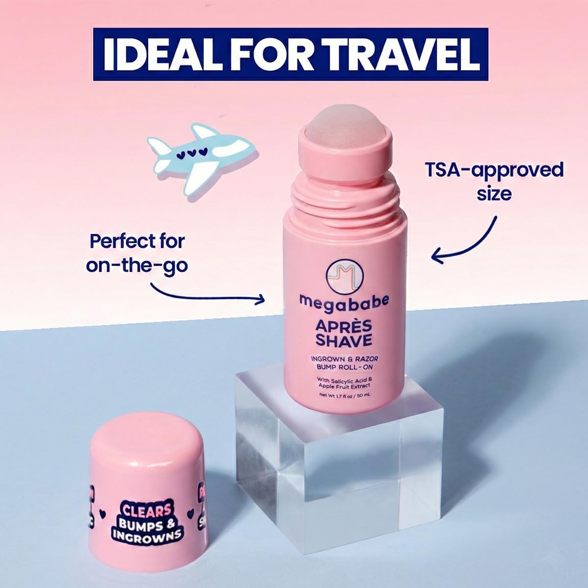Megababe Mini Après Shave (1.7 fl oz) | Travel size post-Shave & Waxing | Vacation Essential | Ingrown Hair & Razor Bump Roll-On Treatment for Women | Bikini, Armpits & Legs