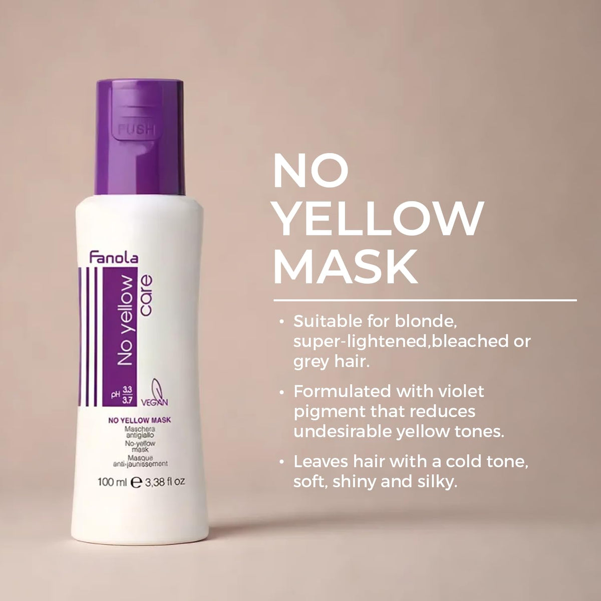 Fanola No Yellow Hair Mask With Purple Violet Pigments To Eliminate Unwanted Yellow Tones & Brassiness In Platinum, Light Blonde, Gray, Bleached, or Highlighted Hair - 3.38oz