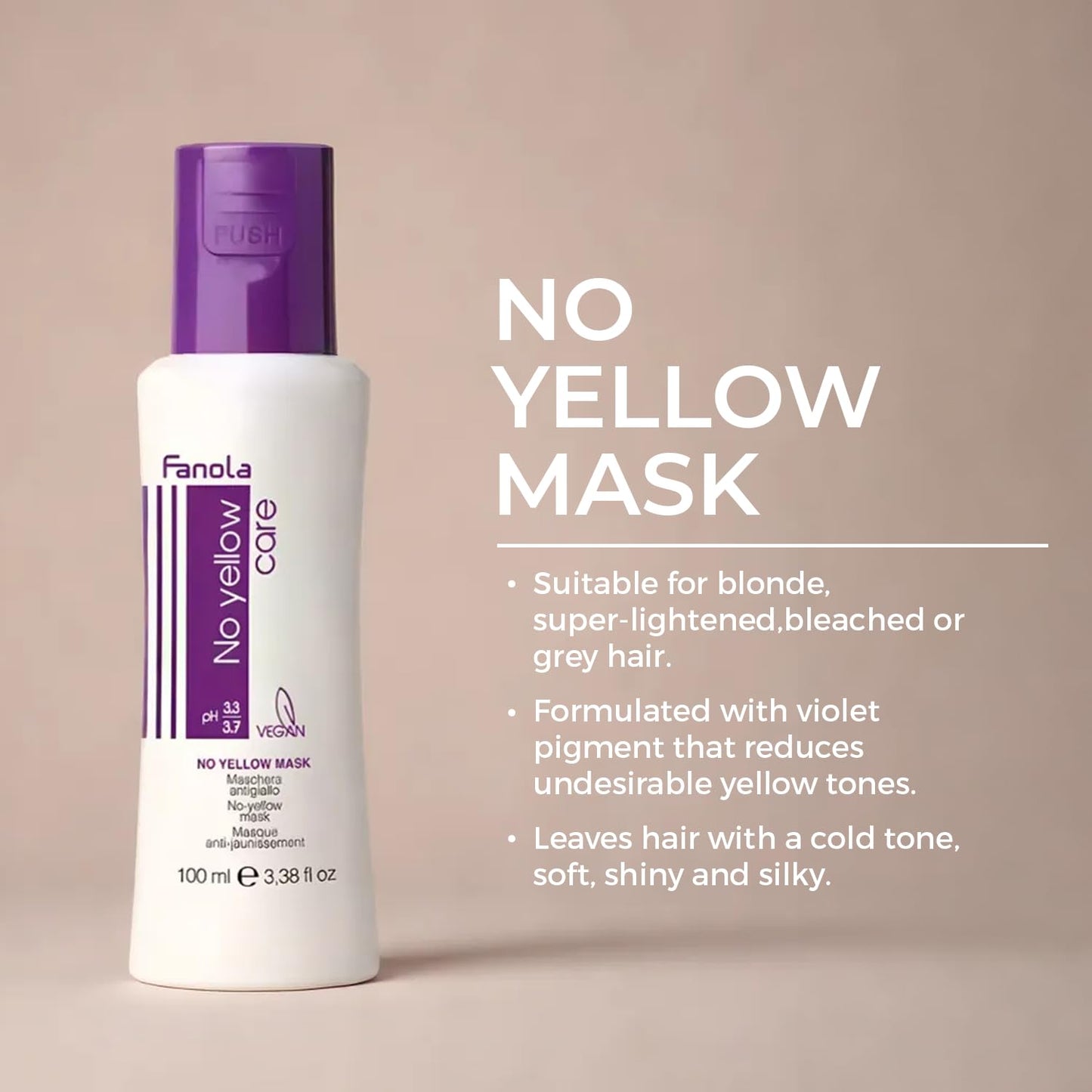 Fanola No Yellow Hair Mask With Purple Violet Pigments To Eliminate Unwanted Yellow Tones & Brassiness In Platinum, Light Blonde, Gray, Bleached, or Highlighted Hair - 3.38oz