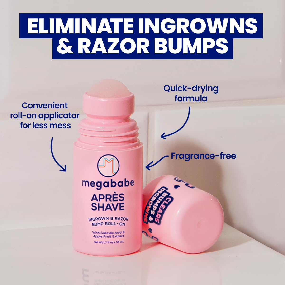 Megababe Mini Après Shave (1.7 fl oz) | Travel size post-Shave & Waxing | Vacation Essential | Ingrown Hair & Razor Bump Roll-On Treatment for Women | Bikini, Armpits & Legs