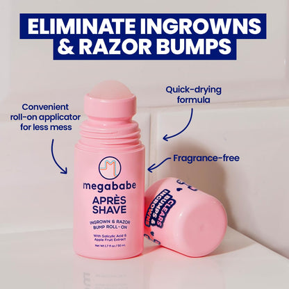 Megababe Mini Après Shave (1.7 fl oz) | Travel size post-Shave & Waxing | Vacation Essential | Ingrown Hair & Razor Bump Roll-On Treatment for Women | Bikini, Armpits & Legs