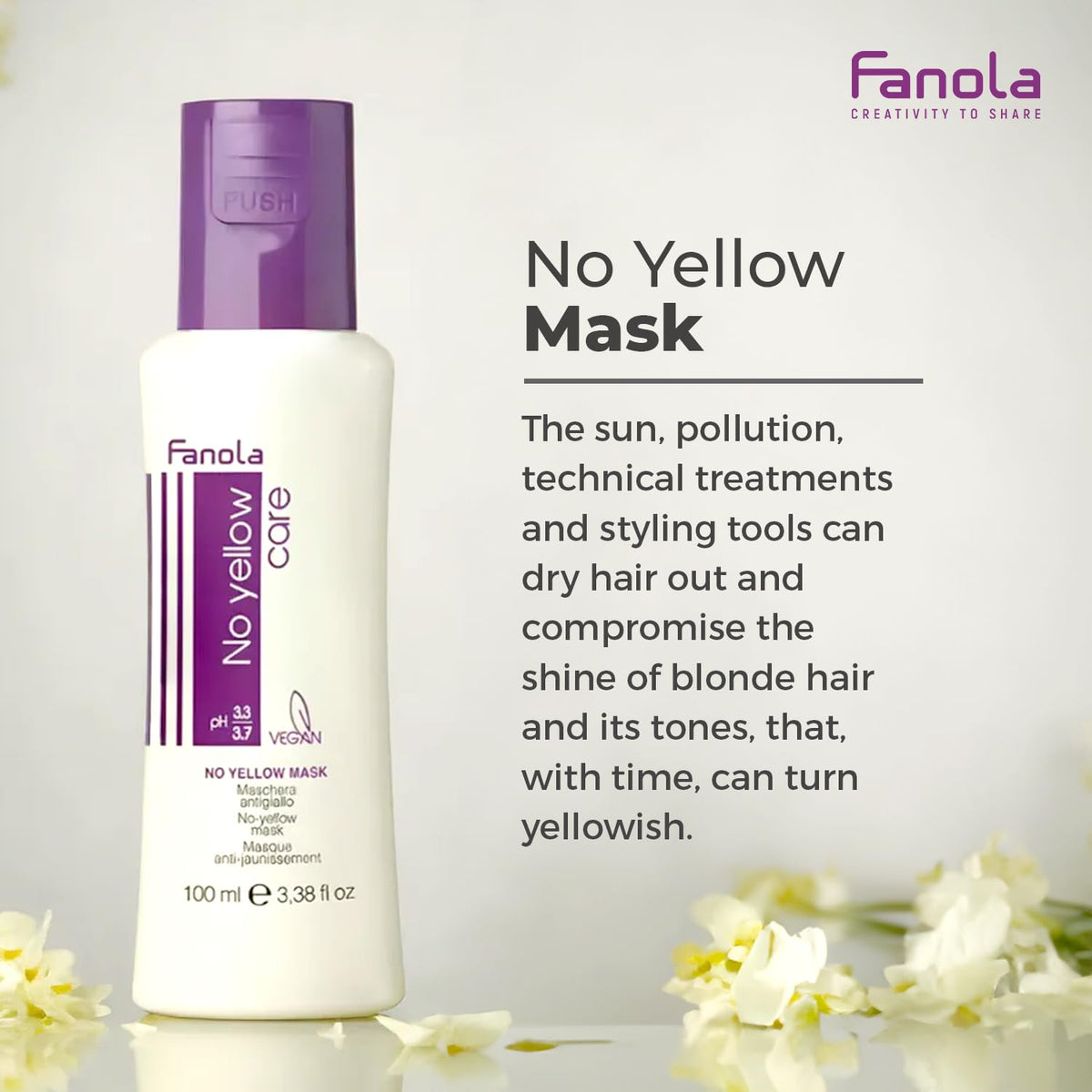 Fanola No Yellow Hair Mask With Purple Violet Pigments To Eliminate Unwanted Yellow Tones & Brassiness In Platinum, Light Blonde, Gray, Bleached, or Highlighted Hair - 3.38oz