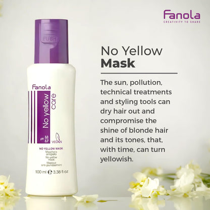 Fanola No Yellow Hair Mask With Purple Violet Pigments To Eliminate Unwanted Yellow Tones & Brassiness In Platinum, Light Blonde, Gray, Bleached, or Highlighted Hair - 3.38oz