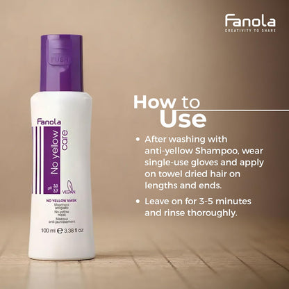 Fanola No Yellow Hair Mask With Purple Violet Pigments To Eliminate Unwanted Yellow Tones & Brassiness In Platinum, Light Blonde, Gray, Bleached, or Highlighted Hair - 3.38oz