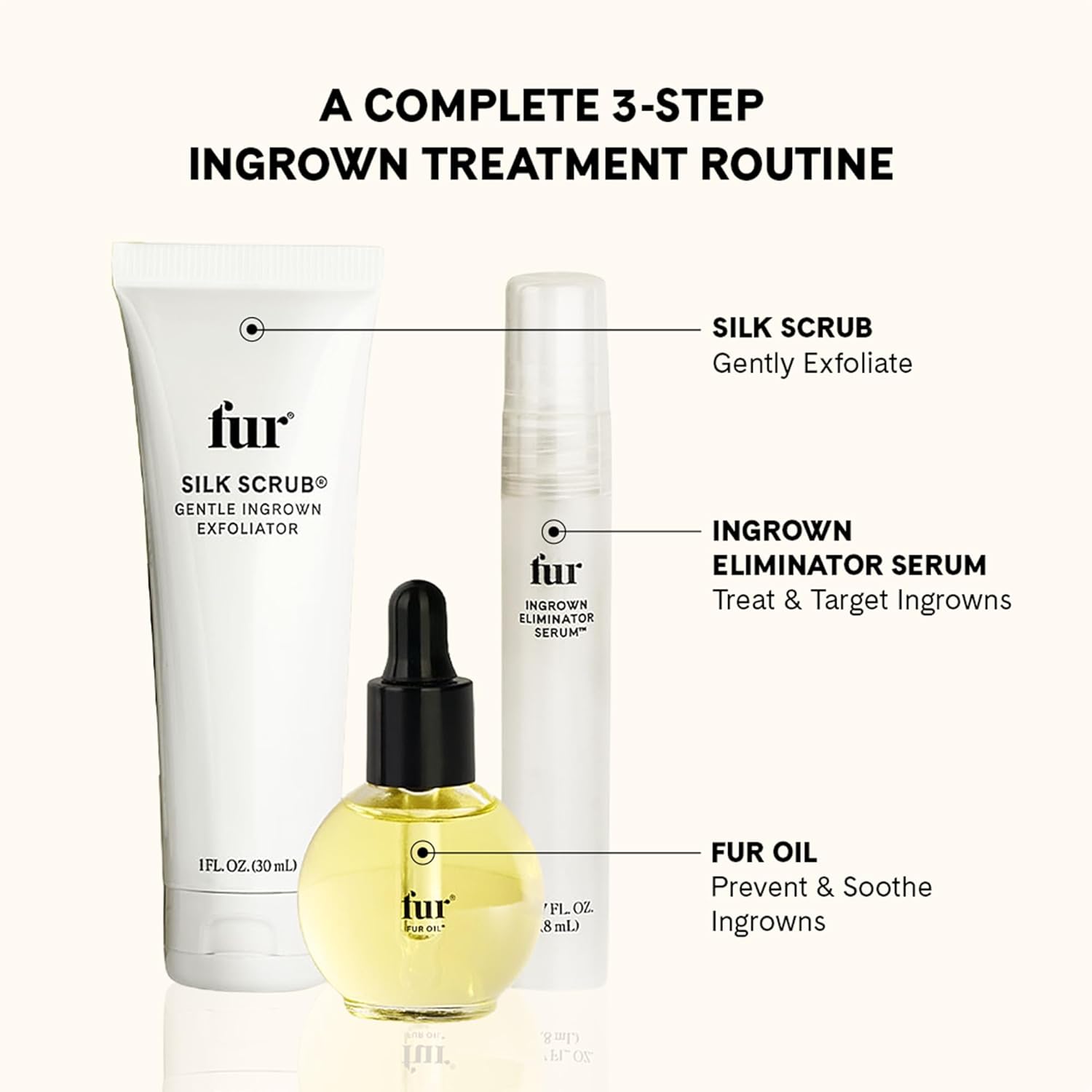 Fur Ingrown Rescue Trio Ingrown Hair Treatment Kit with Silk Scrub Exfoliator, Ingrown Eliminator Serum Rollerball Oil, Helps Reduce Bumps and Ingrowns for Bikini Line, Legs & Body