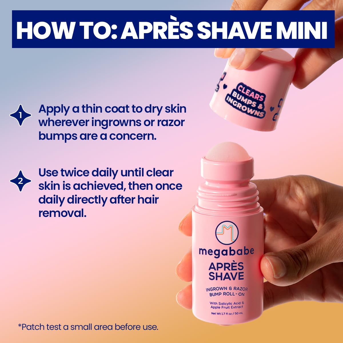 Megababe Mini Après Shave (1.7 fl oz) | Travel size post-Shave & Waxing | Vacation Essential | Ingrown Hair & Razor Bump Roll-On Treatment for Women | Bikini, Armpits & Legs