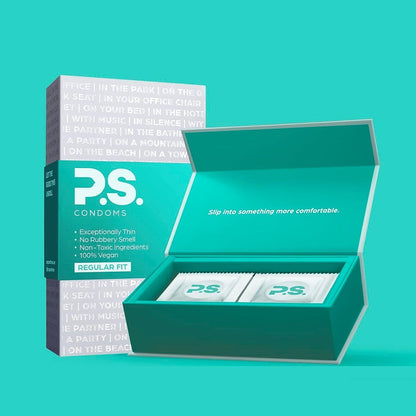 PS Condoms Exceptionally Thin Latex Condoms for Men - Odorless and 100% Vegan - Ultra Thin Lubricated Condom - 40% Thinner and Transparent - 48 Pack