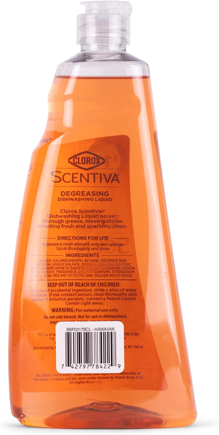 Clorox Scentiva Liquid Dish Soap, Hawaiian Sunshine Scent - Ultra-Concentrated Dishwashing Detergent That Cuts Through Grease and Tackles Tough Messes, Bleach-Free, 26 Fl Oz - 6 Pack
