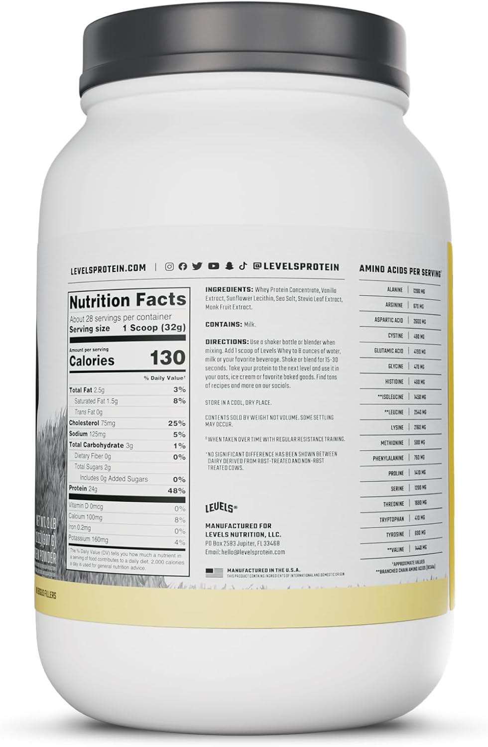 Levels Grass Fed Whey Protein Powder, No Artificials, 24G of Protein, Vanilla Bean, 2LB