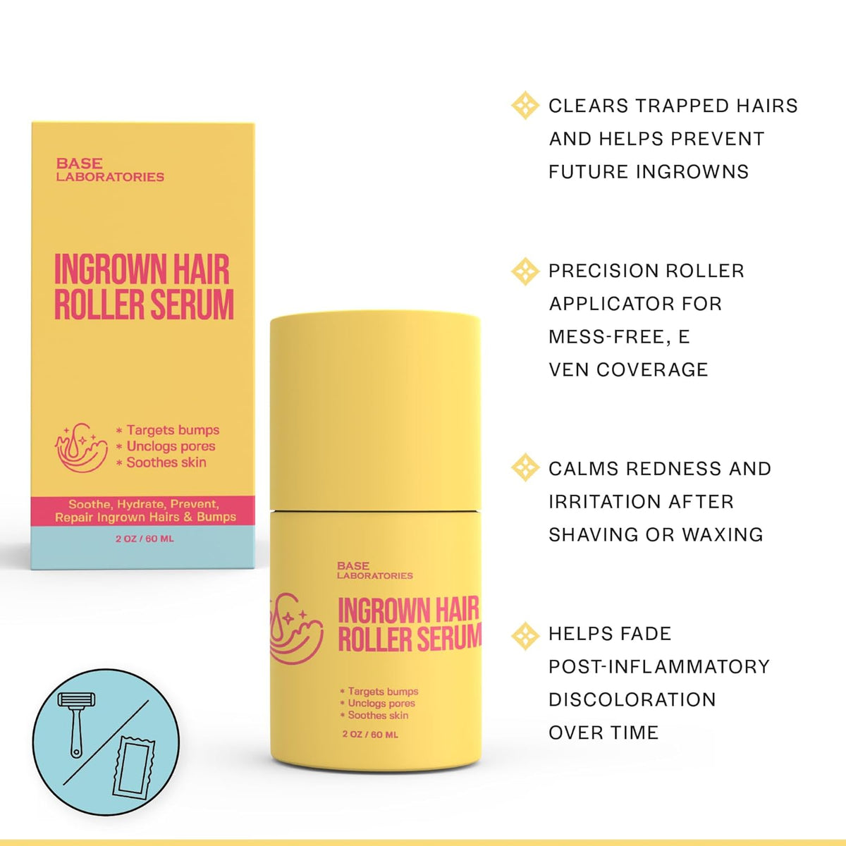Base Laboratories Ingrown Hair Treatment - Roller Serum – Skin Smoothing Roll-On for Ingrown Hairs & Razor Bumps – Salicylic Acid, Glycolic Acid, Niacinamide – Bikini Line, Underarms & Legs (2oz)