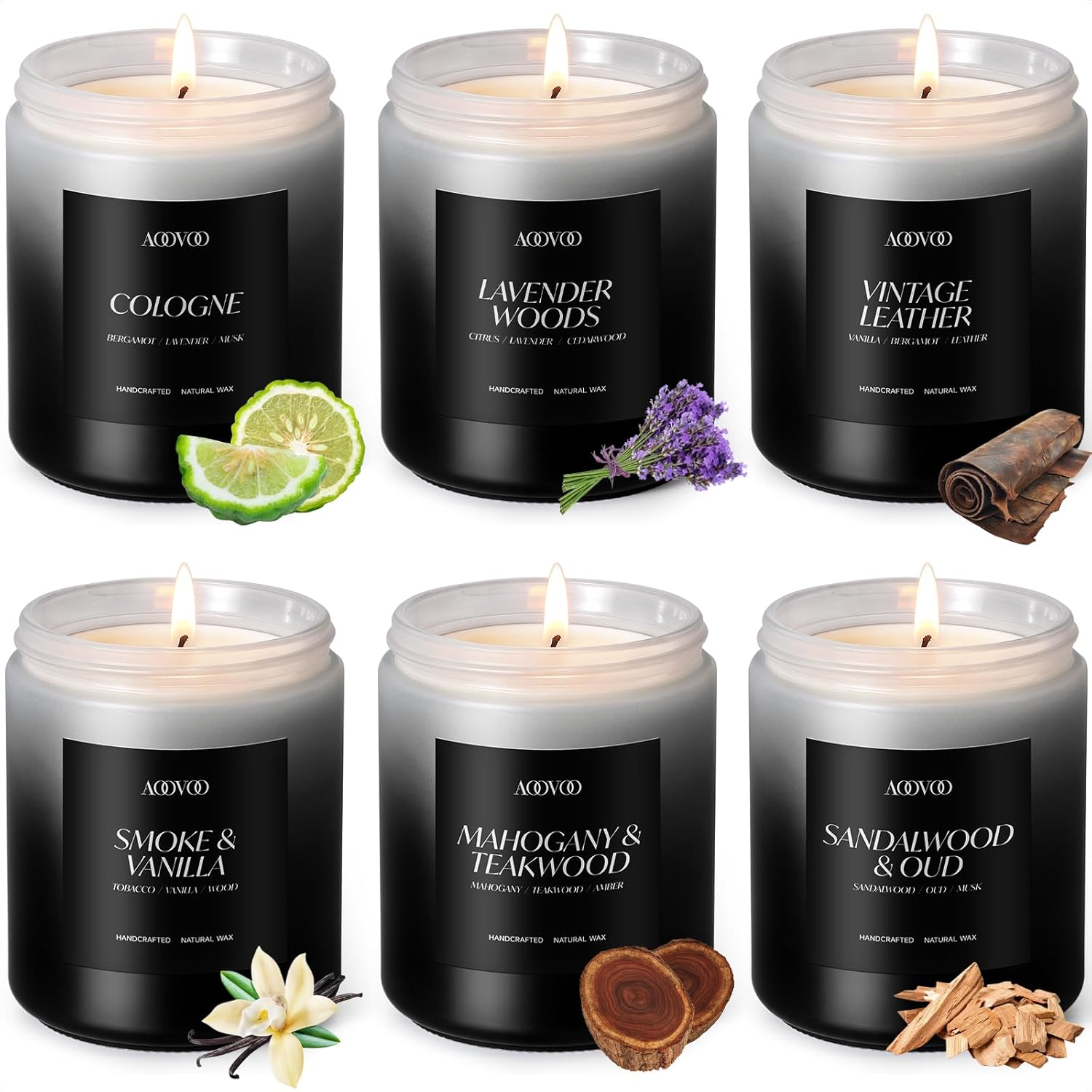 AOOVOO Scented Candles Set - 6 Pack Men Candles for Home Scented, 42 oz Soy Wax, 300 Hour Long Lasting Candle, Soy Candle Gifts Set for Men, Birthday, Valentine, Christmas, Anniversary Present