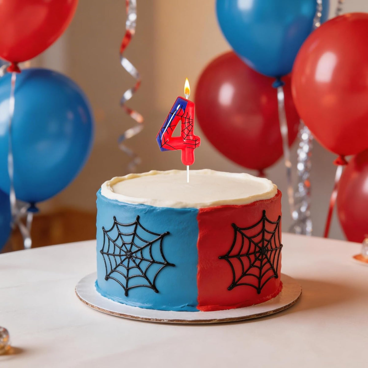 Red Blue Spider 4th Birthday Candles, Spider Cartoon Themed Happy Candle Cake Toppers 4th Birthday Cake Decorations for Boys Girls Children Party Supplies Spider Decorations (4)