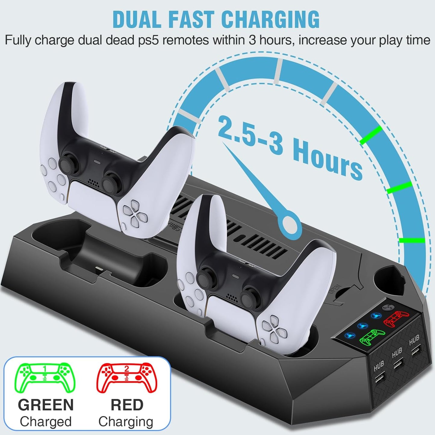 PS5/PS5 Slim/PS5 Pro Stand and Cooling Station with Dual Controller Charging Station for PlayStation 5 Console, PS5 Accessories Incl. Controller Charger, Cooling Fan, Headset Holder, 3 USB Hub, Black