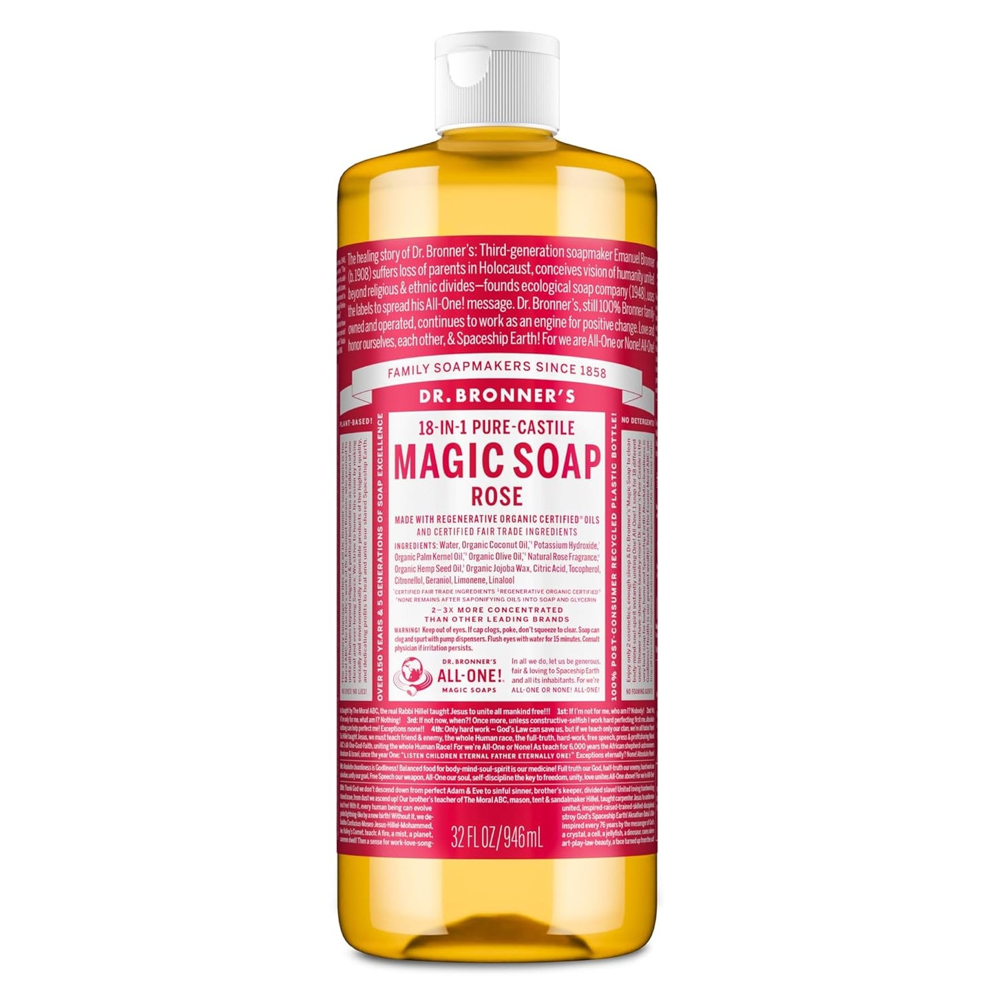Dr. Bronner's Magic Soap Pure-Castile Liquid Soap (Rose, 32 Ounce) - Made with Regenerative Organic Certified Oils, 18-in-1 Uses: Face, Body, Hair, Laundry, Pets & Dishes, Concentrated, Vegan, Non-GMO