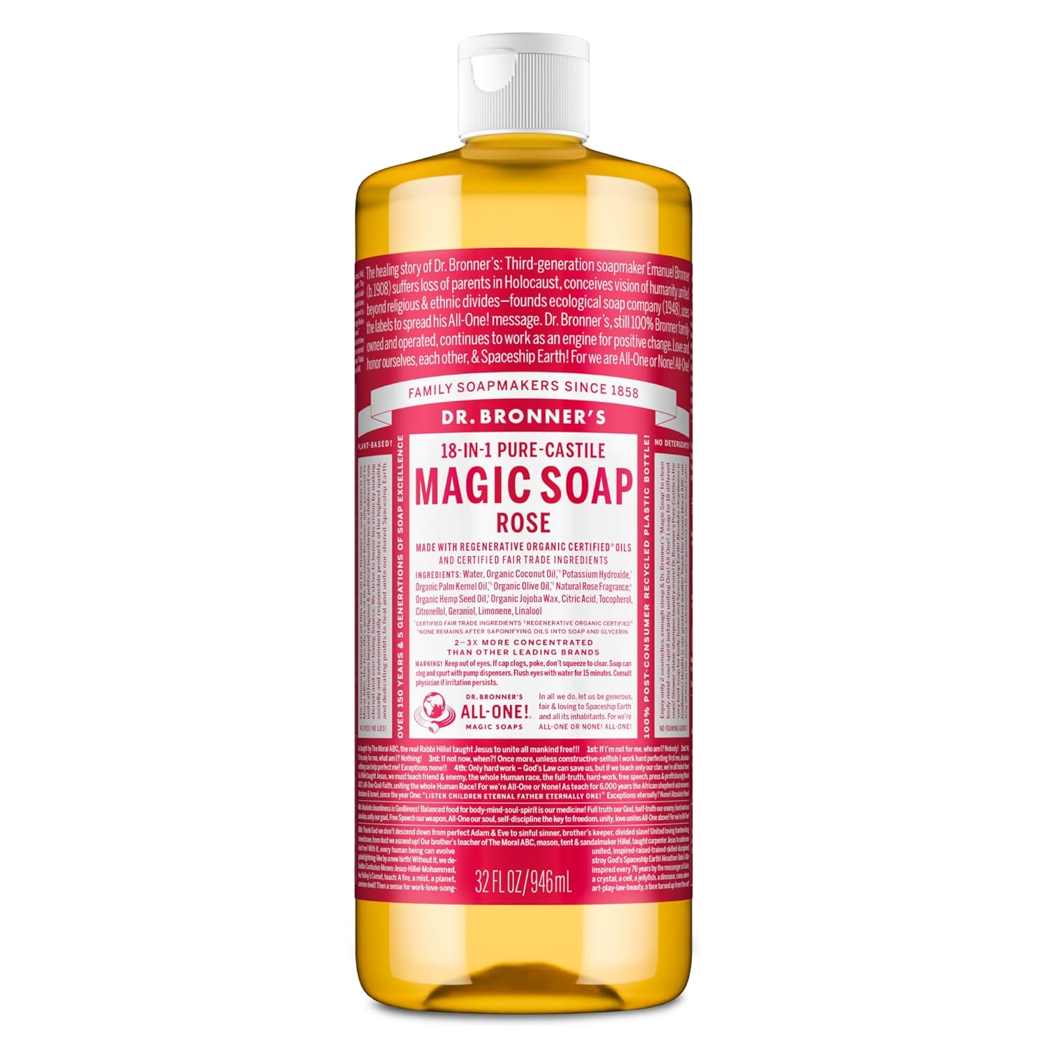 Dr. Bronner's Magic Soap Pure-Castile Liquid Soap (Rose, 32 Ounce) - Made with Regenerative Organic Certified Oils, 18-in-1 Uses: Face, Body, Hair, Laundry, Pets & Dishes, Concentrated, Vegan, Non-GMO