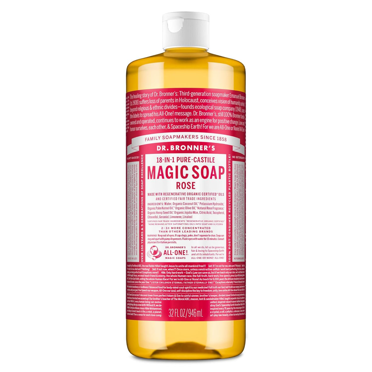 Dr. Bronner's Magic Soap Pure-Castile Liquid Soap (Rose, 32 Ounce) - Made with Regenerative Organic Certified Oils, 18-in-1 Uses: Face, Body, Hair, Laundry, Pets & Dishes, Concentrated, Vegan, Non-GMO