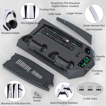 PS5/PS5 Slim/PS5 Pro Stand and Cooling Station with Dual Controller Charging Station for PlayStation 5 Console, PS5 Accessories Incl. Controller Charger, Cooling Fan, Headset Holder, 3 USB Hub, Black