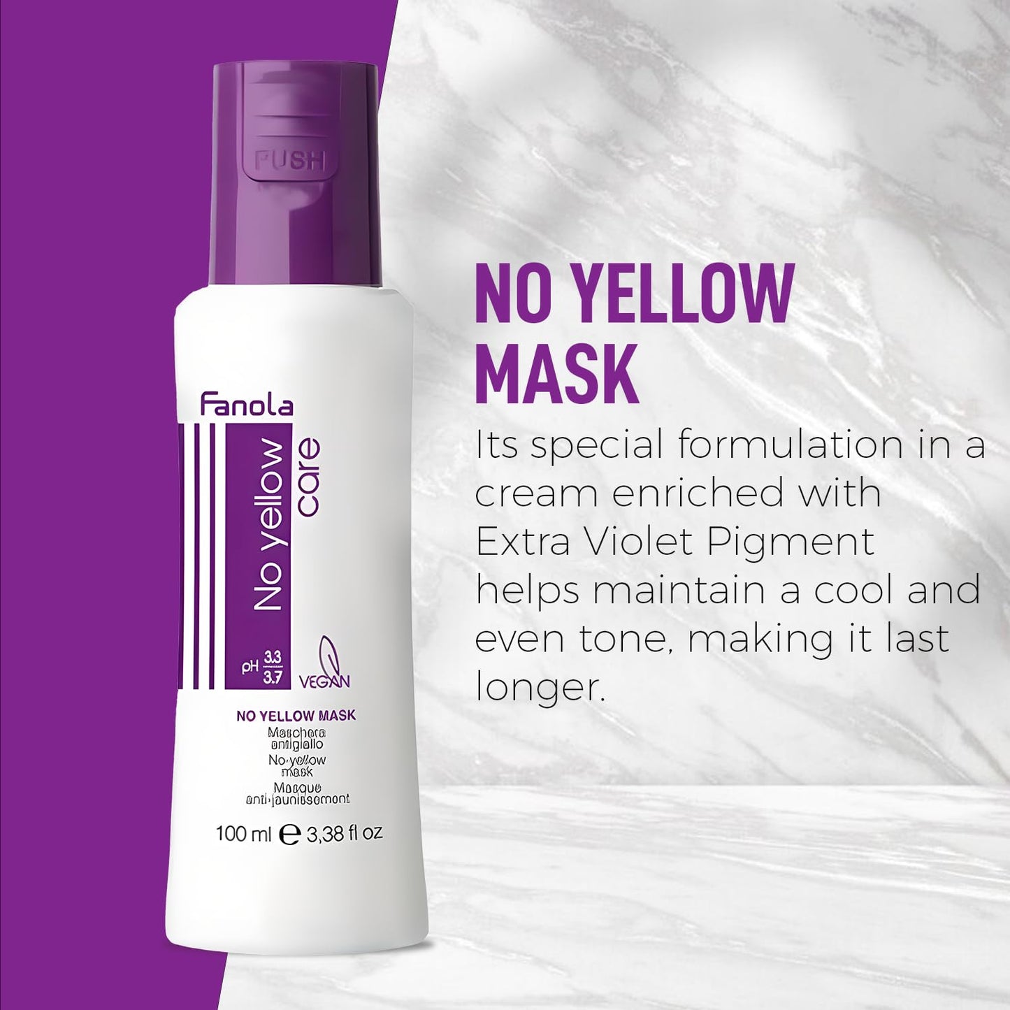 Fanola No Yellow Hair Mask With Purple Violet Pigments To Eliminate Unwanted Yellow Tones & Brassiness In Platinum, Light Blonde, Gray, Bleached, or Highlighted Hair - 3.38oz