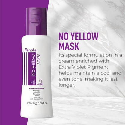 Fanola No Yellow Hair Mask With Purple Violet Pigments To Eliminate Unwanted Yellow Tones & Brassiness In Platinum, Light Blonde, Gray, Bleached, or Highlighted Hair - 3.38oz