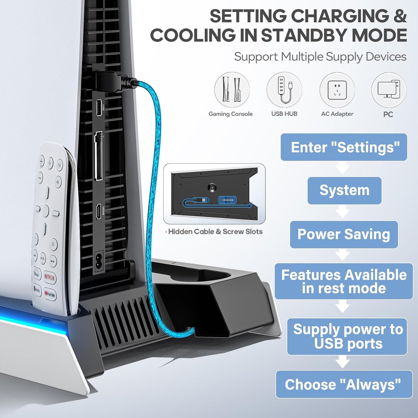 PS5/Slim/Pro Stand for Disc & Digital Console, PS5 Cooling & Charging Station with RGB Lights, PS5 Controller Charger Built-in 3 Level & AUTO Adjustable Fan, PS5/Slim/Pro Accessories Comes 3 USB Ports