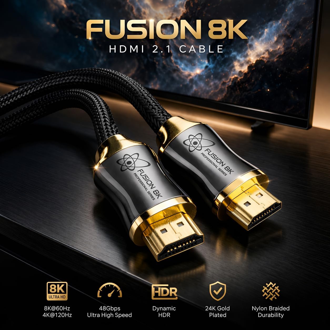 Fusion8K Certified HDMI 2.1 Cable 48Gbps 6 Feet - 10K 8K@60Hz 4K@120Hz 144Hz | eARC HDR10 Dolby Vision HDCP 2.3 | Braided Cord for PS5, Xbox Series X, Apple TV 4K, Roku, OLED TV