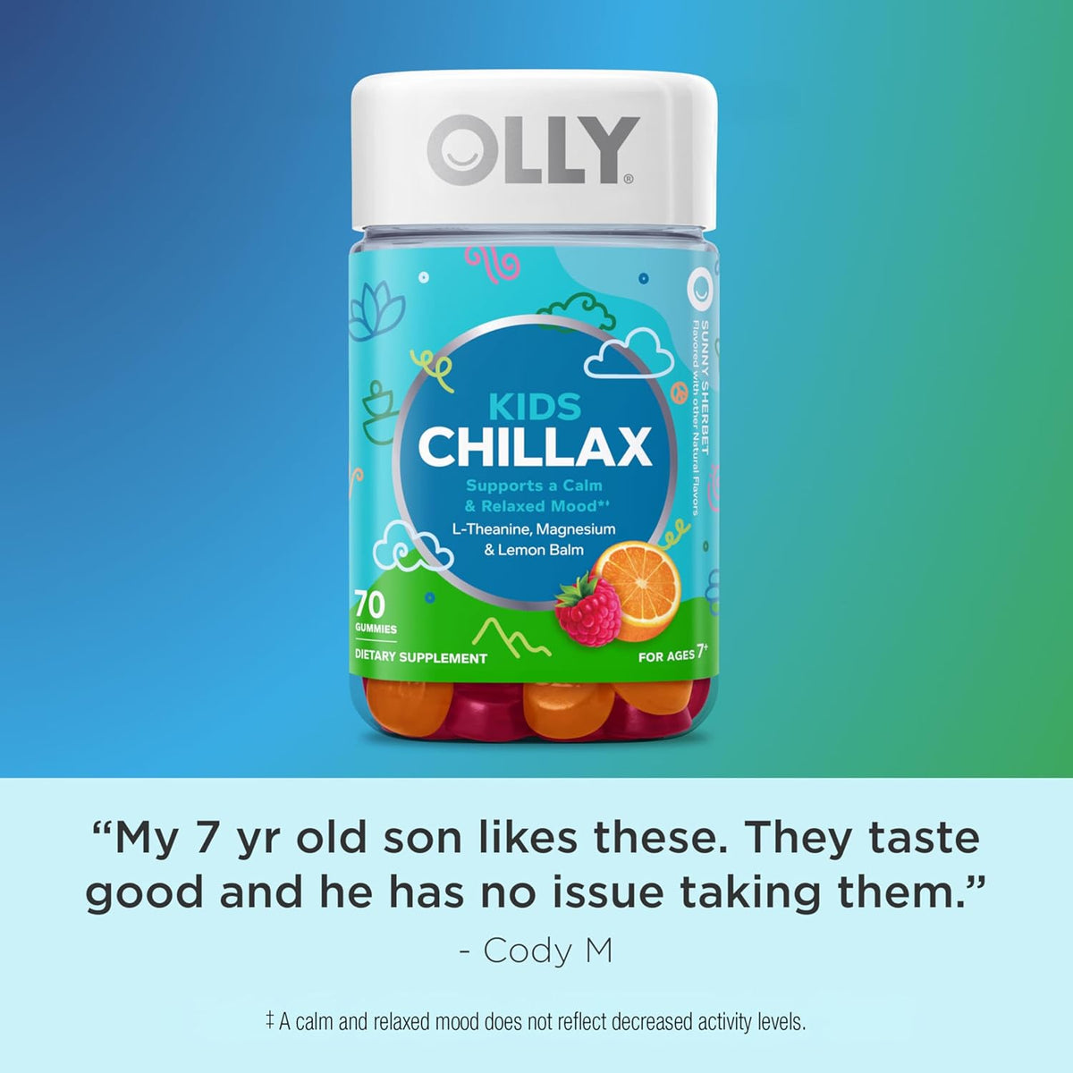 OLLY Kids Chillax Gummy, for a Calm and Relaxed Mood*, Magnesium, L-Theanine, Lemon Balm Extract, Chewable Supplement, Sherbet Flavored, 35 Day Supply - 70 Count (Packaging May Vary)