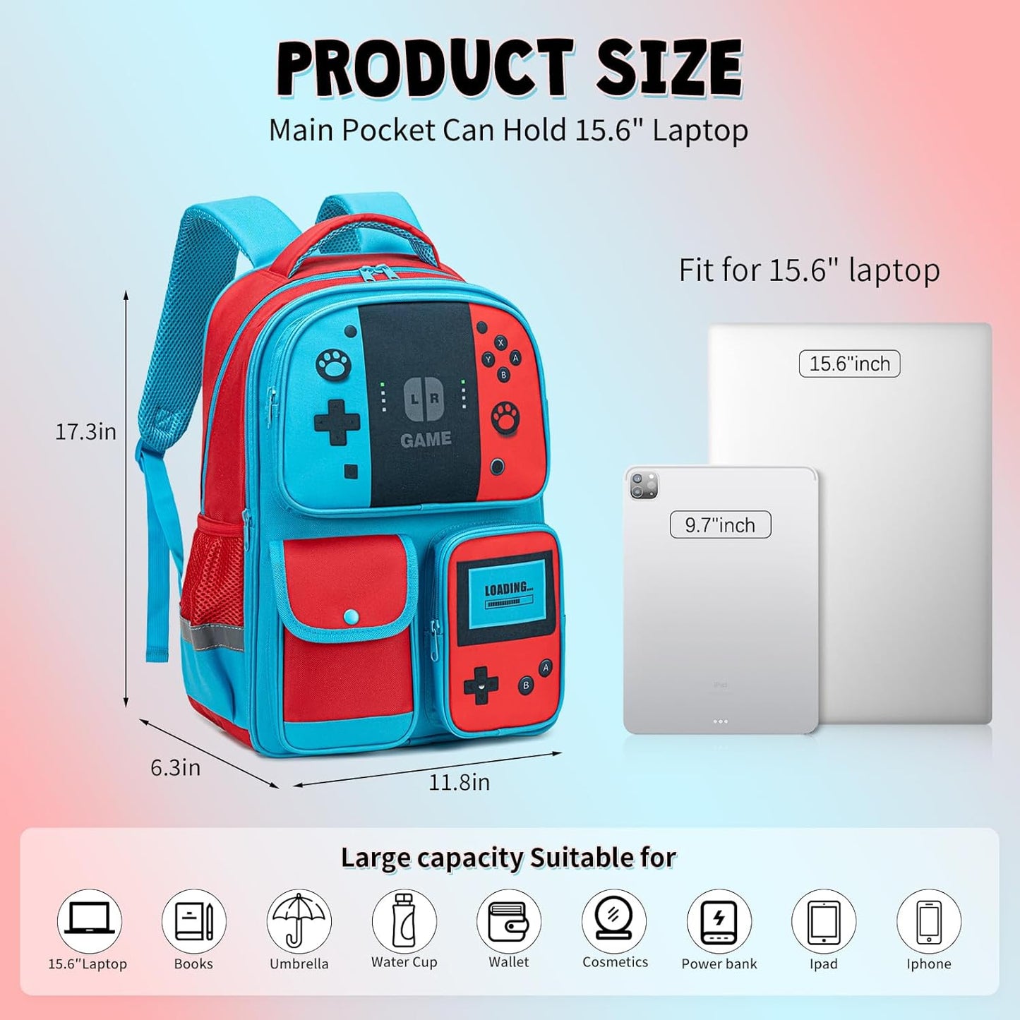 Backpack for Boys Bookbag Video Game Bookbag stylish kids travel backpack for boys 6-18, Kids Junior High School Primary School Back pack (Red-blue)