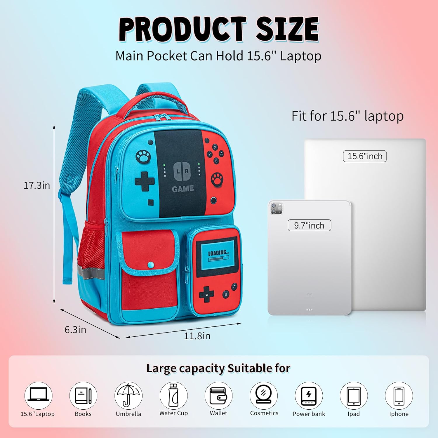 Backpack for Boys Bookbag Video Game Bookbag stylish kids travel backpack for boys 6-18, Kids Junior High School Primary School Back pack (Red-blue)