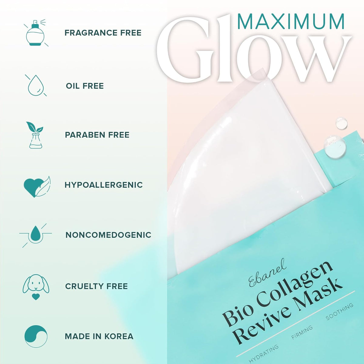 Ebanel Bio Collagen Face Mask, 4-Pack Hydrating Face Masks with 7 Peptides, Hyaluronic Acid, Niacinamide, Centella, Rose Water, Ceramide, and B5, Glass Skin Tightening and Lifting Korean Sheet Masks