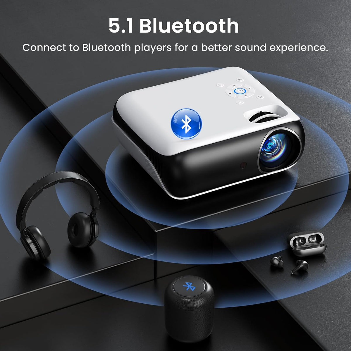HAPPRUN Native 1080P Projector, Bluetooth Home Theater Movie Projector with Built-in Speaker, Compatible with Smartphone, HDMI, Fire Stick, PS5, Indoor & Outdoor Use - Without Google TV System