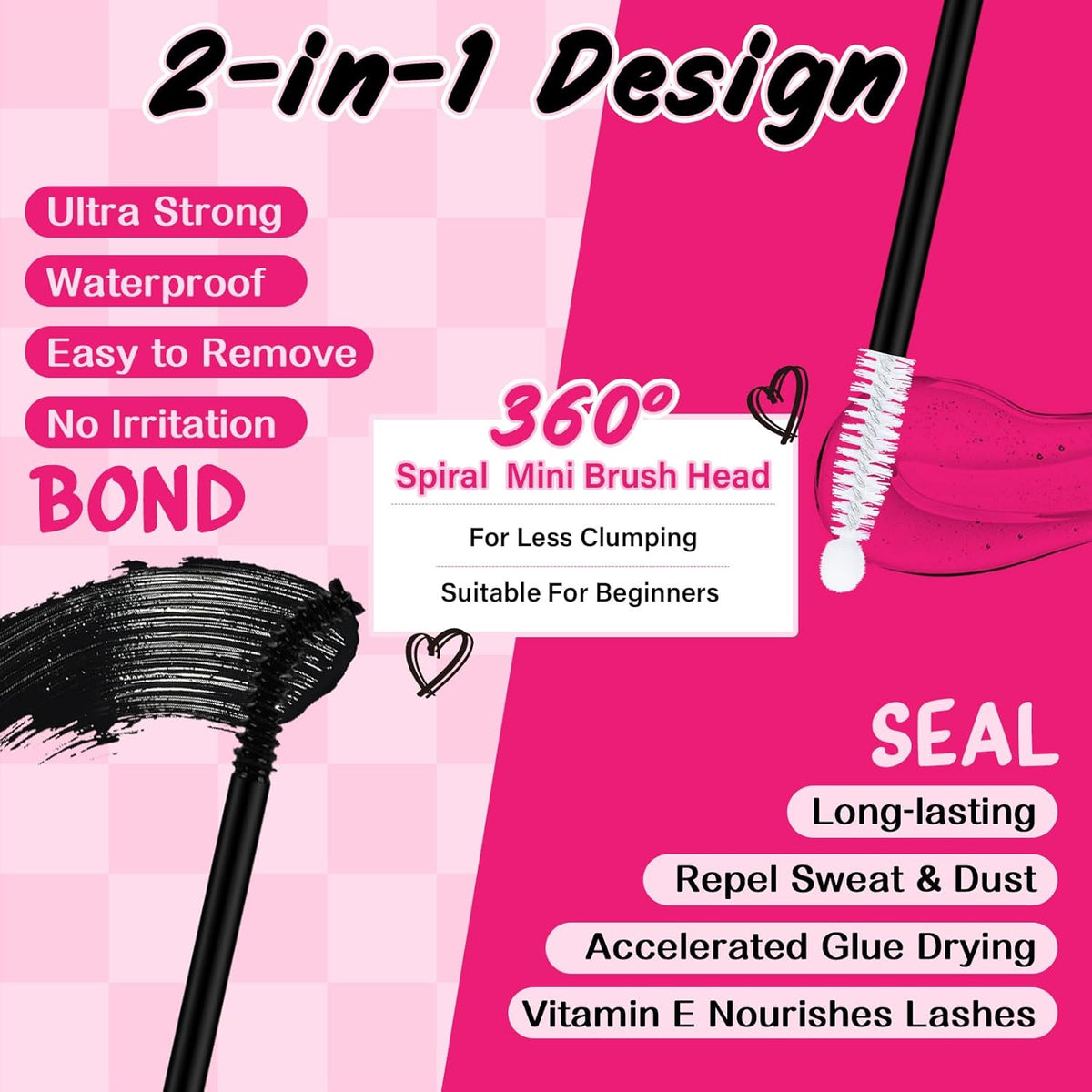 Lash Bond and Seal Cluster Lash Glue & Seal Waterproof Bond and Seal Cluster Lash Glue for DIY Eyelash Extensions Waterproof Strong Hold (5ml+5ml, Black Bond & Clear Seal)