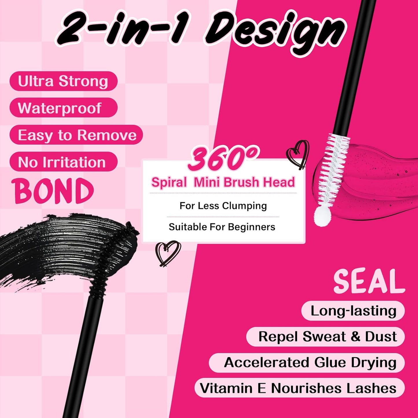 Lash Bond and Seal Cluster Lash Glue & Seal Waterproof Bond and Seal Cluster Lash Glue for DIY Eyelash Extensions Waterproof Strong Hold (5ml+5ml, Black Bond & Clear Seal)