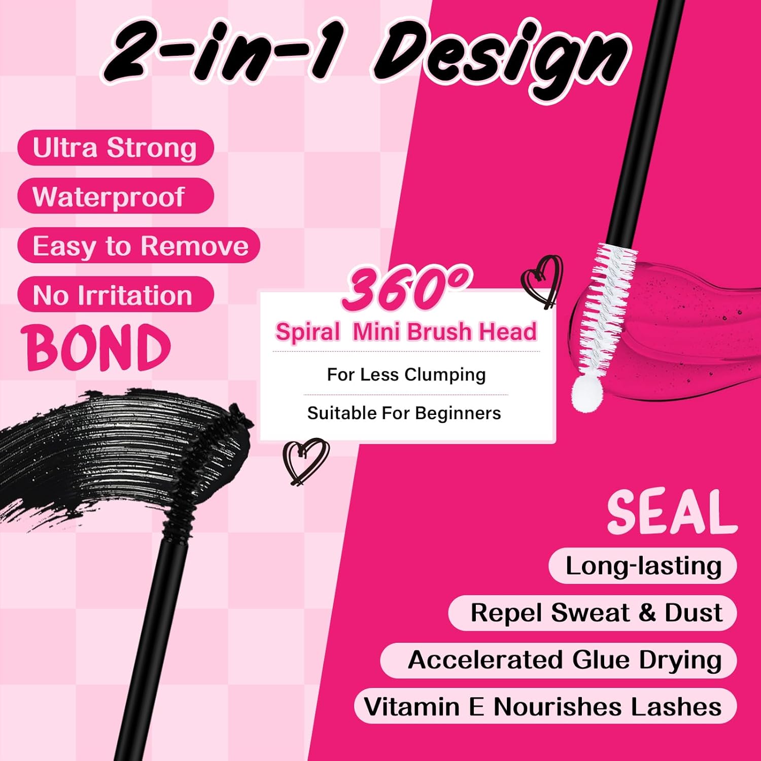 Lash Bond and Seal Cluster Lash Glue & Seal Waterproof Bond and Seal Cluster Lash Glue for DIY Eyelash Extensions Waterproof Strong Hold (5ml+5ml, Black Bond & Clear Seal)
