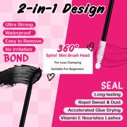 Lash Bond and Seal Cluster Lash Glue & Seal Waterproof Bond and Seal Cluster Lash Glue for DIY Eyelash Extensions Waterproof Strong Hold (5ml+5ml, Black Bond & Clear Seal)
