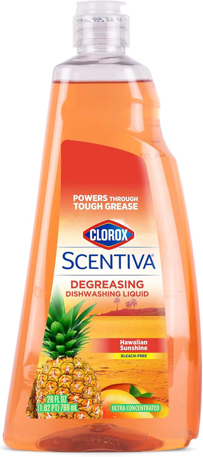 Clorox Scentiva Liquid Dish Soap, Hawaiian Sunshine Scent - Ultra-Concentrated Dishwashing Detergent That Cuts Through Grease and Tackles Tough Messes, Bleach-Free, 26 Fl Oz - 6 Pack