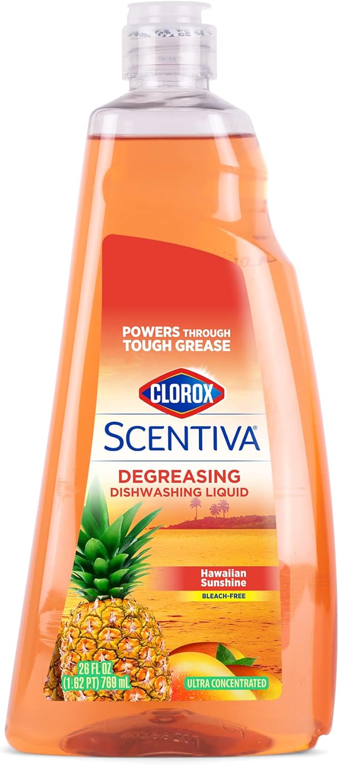 Clorox Scentiva Liquid Dish Soap, Hawaiian Sunshine Scent - Ultra-Concentrated Dishwashing Detergent That Cuts Through Grease and Tackles Tough Messes, Bleach-Free, 26 Fl Oz - 6 Pack