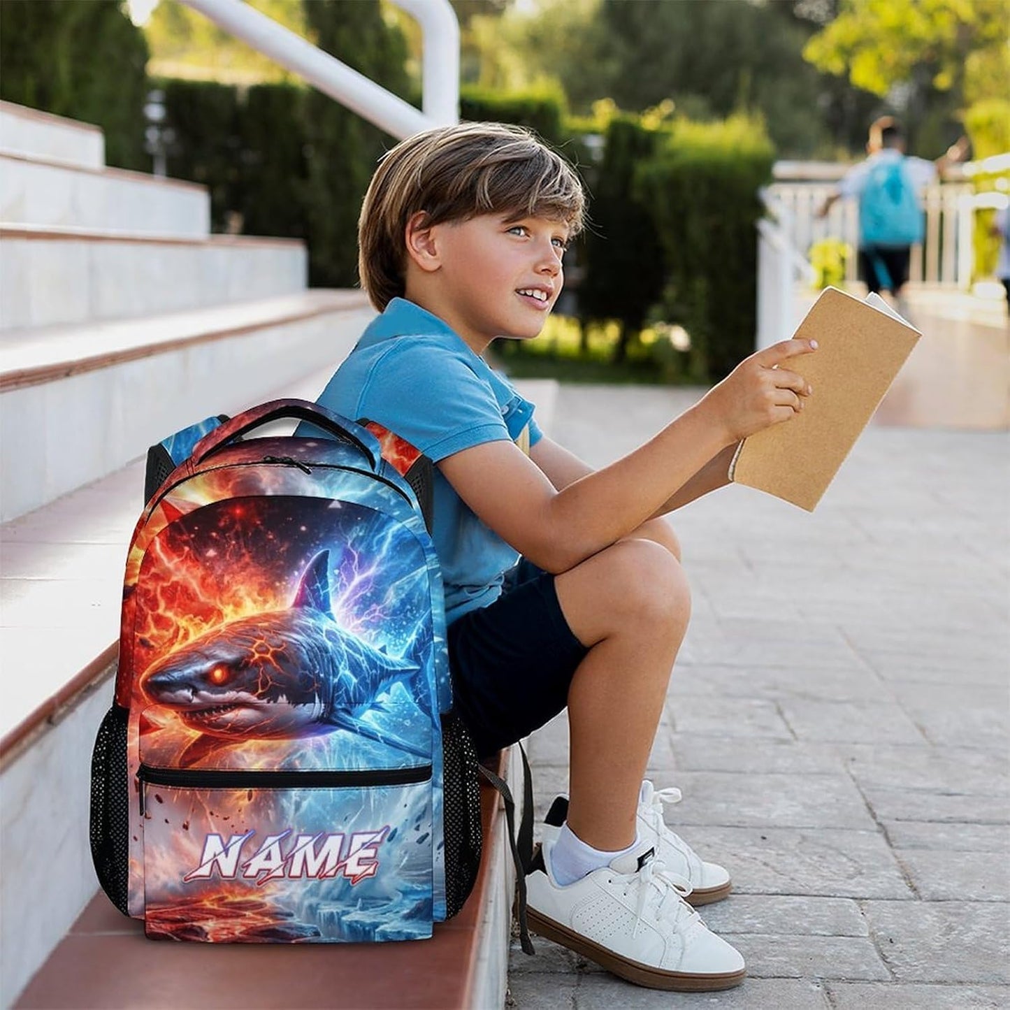 Boys School Backpack Personalized Shark Backpacks, 17 Inch Kids Back to School Gift Durable Cool Bookbag for Hiking Travel Camp