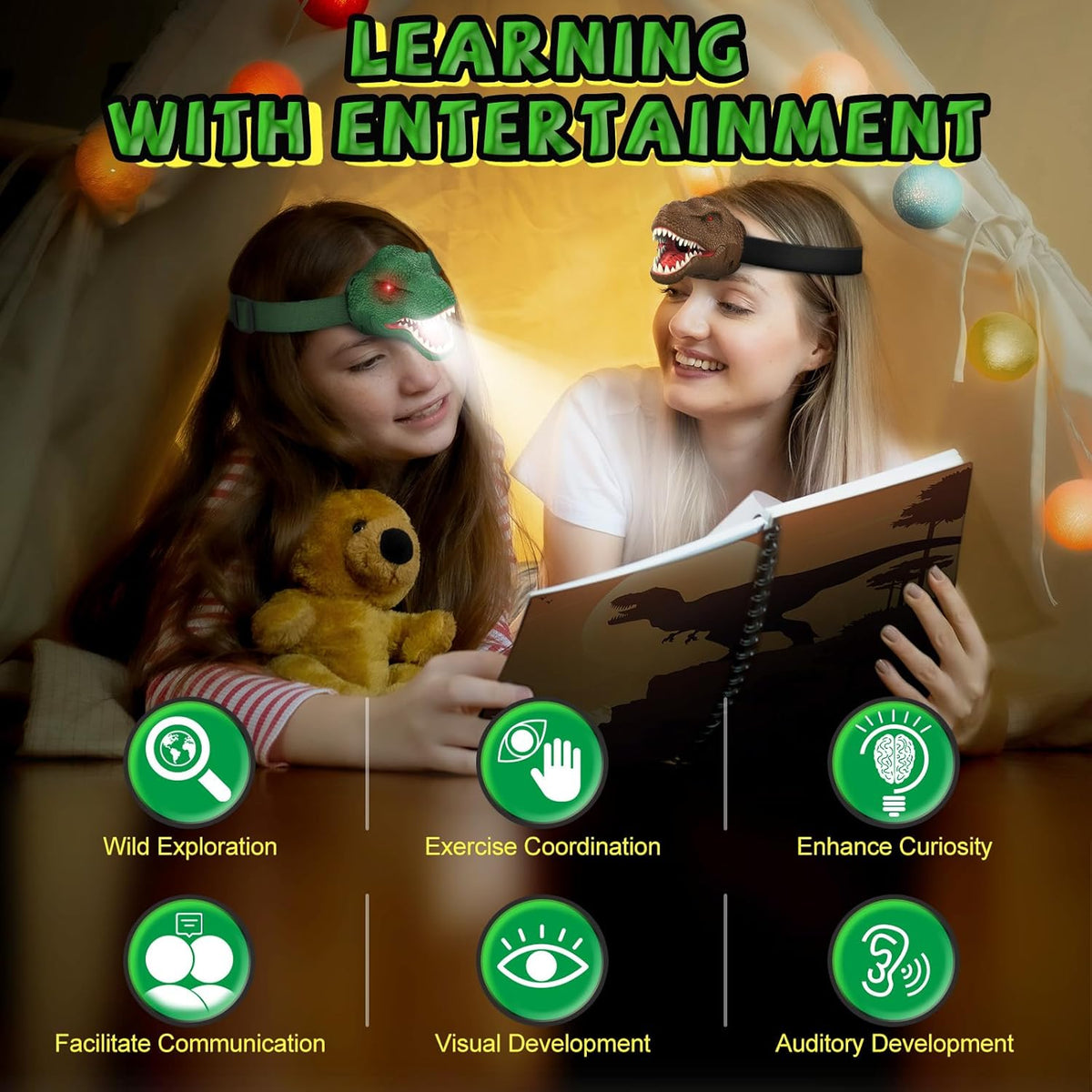 Nitigo Dinosaur Headlamp for Kids Flashlight Led Headlights Roar & Silent Mode, T-Rex Dinosaur Toys for Kids 3-5 4-6 5-7 6-8, Camping Gear, Easter Gifts for Boys Girls Adults
