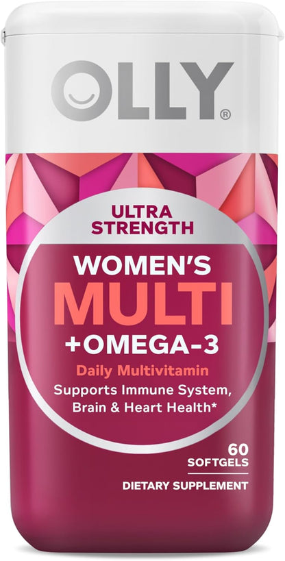 OLLY Ultra Strength Women's Multi Softgels, Overall Health and Immune Support, Omega-3s, Iron, Vitamins A, D, C, E, B12, Daily Multivitamin, 30 Day Supply - 60 Count