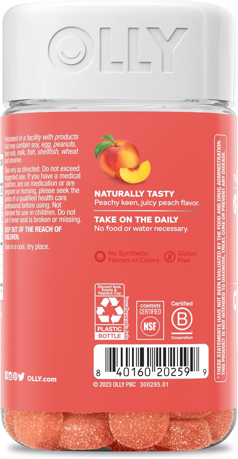OLLY Probiotic + Prebiotic Gummy, Digestive Support and Gut Health, 500 Million CFUs, Fiber, Adult Chewable Supplement for Men and Women, Peach, 60 Day Supply - 60 Count