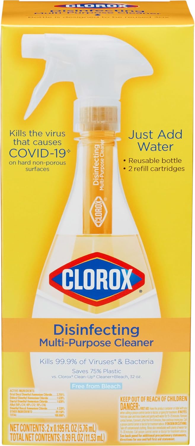 Clorox Disinfecting Multi-Purpose Cleaner Starter Kit, Household Essentials, One Reusable Spray Bottle Plus 2 Refills