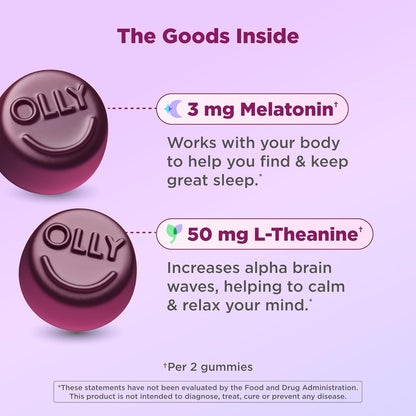 OLLY Sleep Gummy, 3mg Melatonin, L-Theanine, Chamomile, Lemon Balm, Sleep Aid, BlackBerry, 90 Count